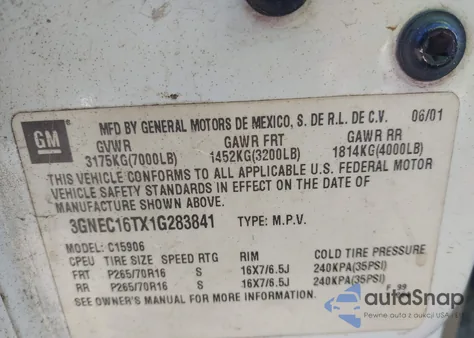 2001 Chevrolet Suburban 1500 Lt из США, поврежденный, VIN 3GNEC16TX1G283841